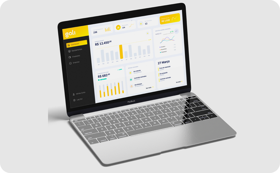 Plataforma Gali em um notebook mostrando o dashboard de gestão de TI
